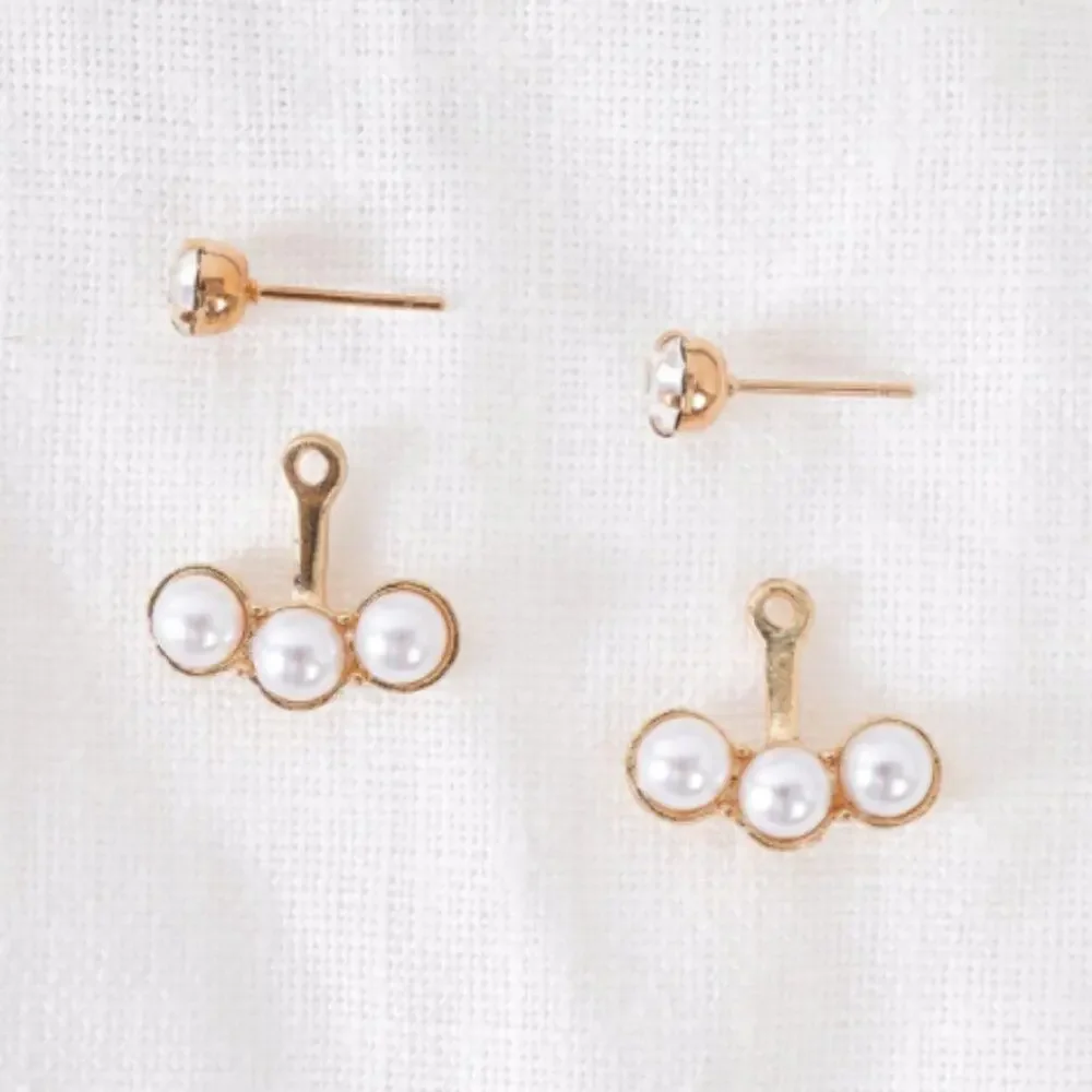 Front Back Gold Tripple Pearl Faux Diamond Stud Earrings